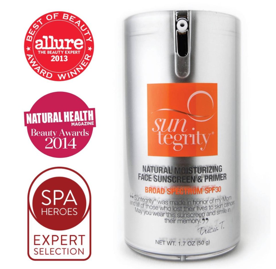 Suntegrity Moisturizing Primer + Sunscreen and logos of awards, including Allure Best of Beauty Award 2013 and Natural Health Beauty Awards 2014